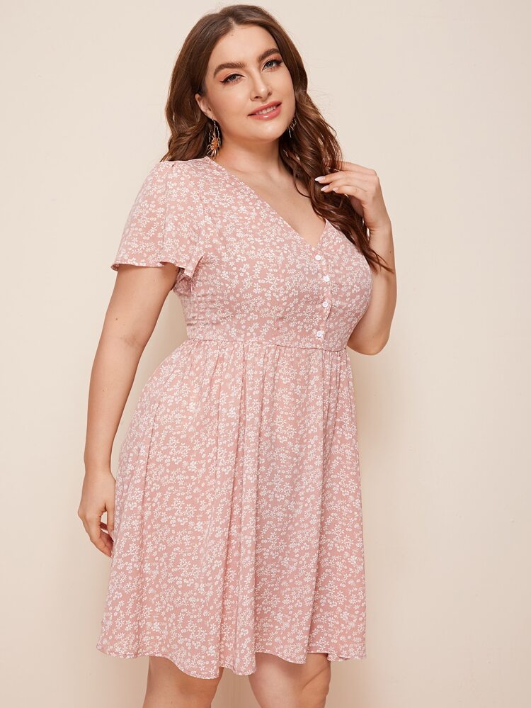 Front Button Ditsy Floral V-neck Babydoll Plus Size Dress