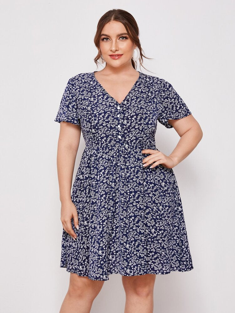 Front Button Ditsy Floral V-neck Babydoll Plus Size Dress