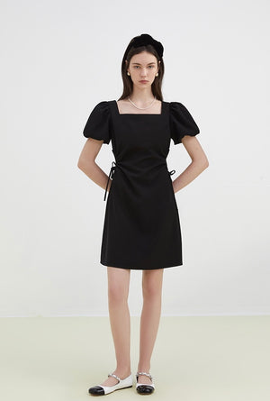 Square Neck Elastic Sleeve Side Drawstring Solid Dress