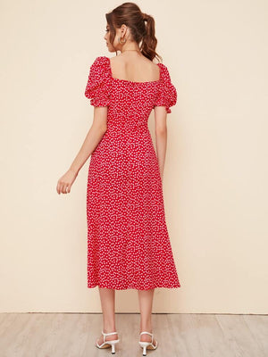 Ruched Puff Sleeve Front Tie Split Ditsy Floral Dress
