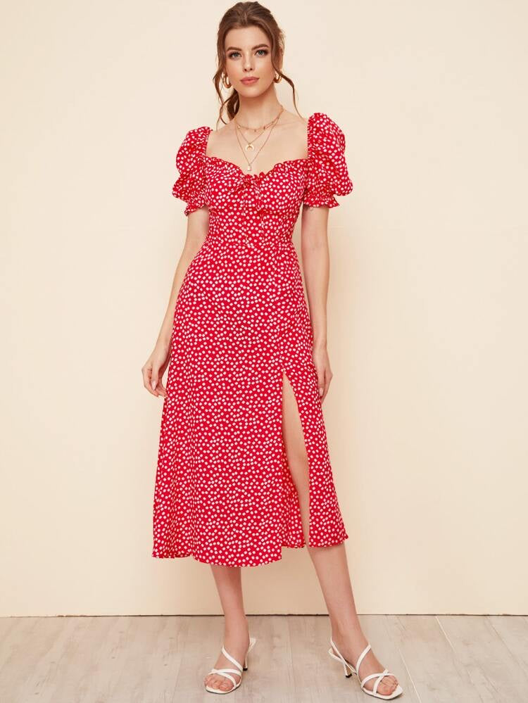 Ruched Puff Sleeve Front Tie Split Ditsy Floral Dress