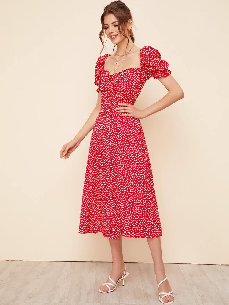 Ruched Puff Sleeve Front Tie Split Ditsy Floral Dress