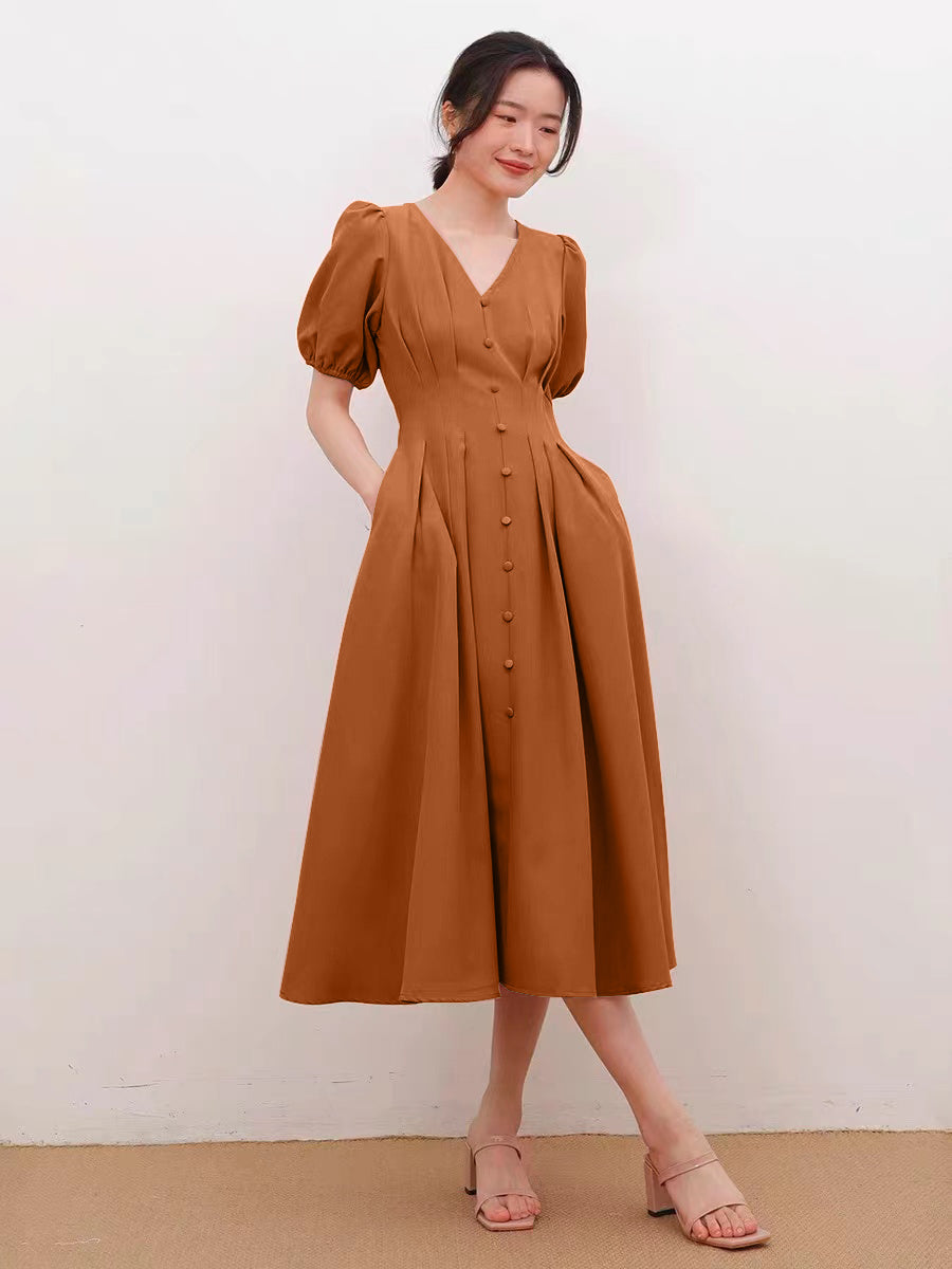 Button Down Elastic Sleeve Solid Dress