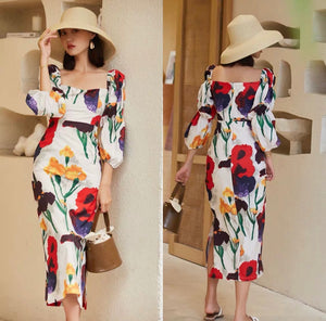 Puffy Sleeve Square Neck Floral Side Slit Dress