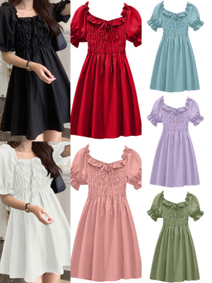 Shirred Upper Ruffle Trim Elastic Sleeve Babydoll Dress