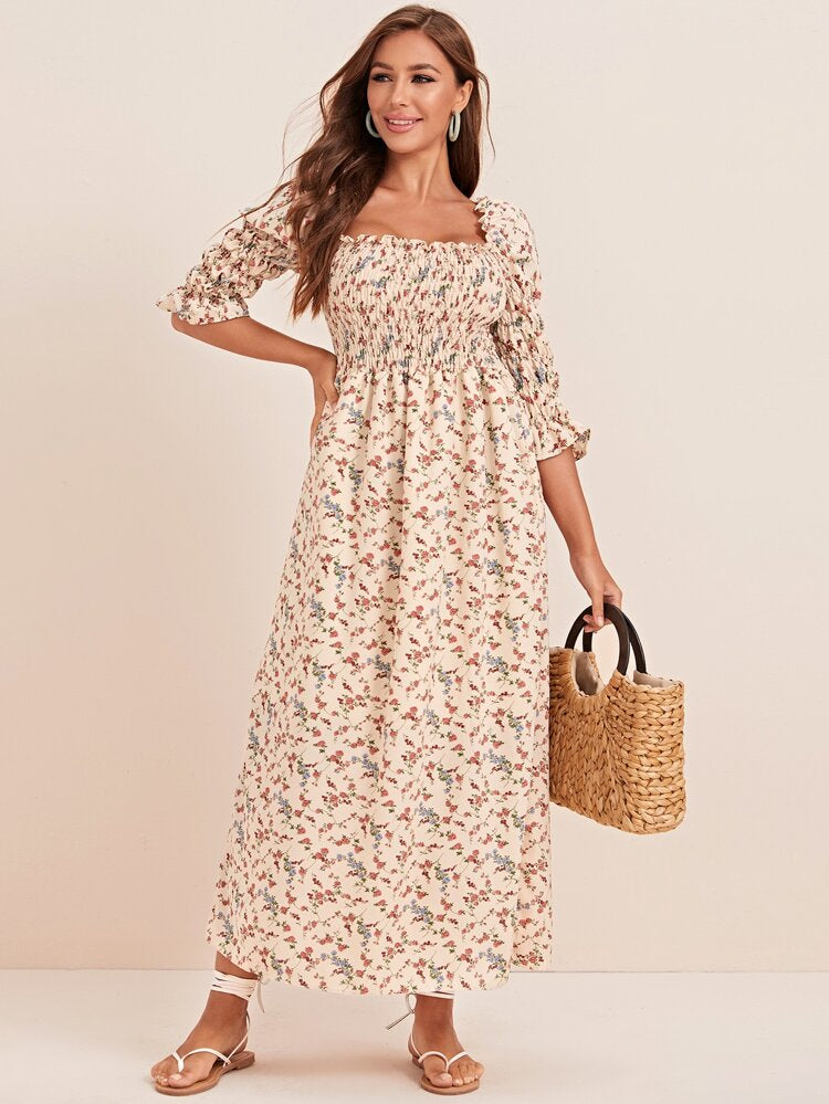 Ditsy Floral Puff Sleeve Square Neck Smock Dress