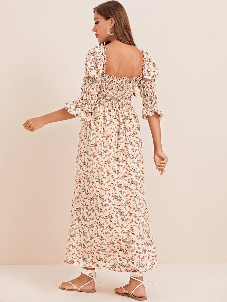 Ditsy Floral Puff Sleeve Square Neck Smock Dress